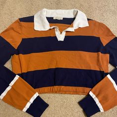 Never Worn, New Without Tags. Orange, Navy Blue, And White Cropped Sweater. Trendy Orange Color Block Tops, Navy Retro Top For Fall, White Cropped Sweater, Pacsun Sweaters, Cropped Sweater, Pacsun, Colorful Sweaters, Blue Orange, Color Blue