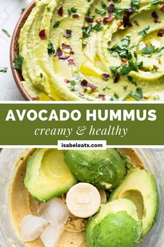 avocado hummus in a food processor with text overlay that says, creamy and healthy