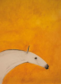 a painting of a white horse on an orange and yellow background