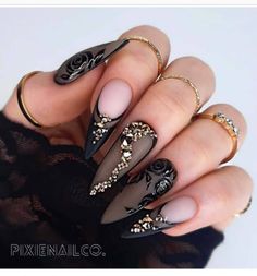 Witchy Nails, Halloween Acrylic Nails, Lace Nails, Goth Nails, Swarovski Nails, Nail Swag, Prom Nails, Luxury Nails, Bling Nails