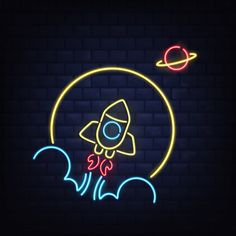 a neon sign with a rocket and saturn in the background