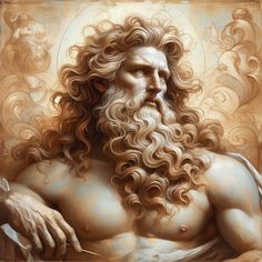 an artistic painting of a man with long hair and beards, holding his hands on his chest