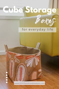 a yellow couch with the words cube storage bags for everyday life on it and an orange chair in the background