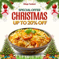 a christmas sale flyer with shrimp and rice in a bowl