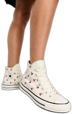 Trendy White Sneakers With Embroidered Logo, Cream High-top Sneakers For Spring, Spring Cotton High-top Sneakers With Round Toe, Casual High-top Sneakers With Embroidered Logo, White Cotton Canvas Shoes With Embroidered Logo, Spring Low-top Canvas Shoes With Embroidered Logo, Low-top Embroidered Canvas Shoes For Spring, Spring Sporty Cotton High-top Sneakers, Spring Converse High-top Sneakers