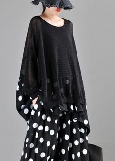 Loose Black O-Neck Dot Print Patchwork Knit Cotton Top Long SleeveFabric: CottonSize & Fit: Fit: This garment fits true to size.Length: Size 5XL measures 25.35"from shoulder to hemBust: Great for any cup size. Waist: Loose Fit. Comfortable room throughout midsection.Hip: Loose Fit - room for hips. Hand Wash Cold. Black Patchwork Sweater For Spring, Patchwork Knit, Oversized Dress, Comfortable Room, Cup Size, Linen Dresses, Cotton Top, Knit Cotton, Dot Print