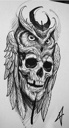 a drawing of a skull with horns and feathers on it's head is shown