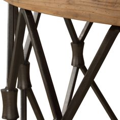 a wooden table with metal legs and a wood top on white back drop down view