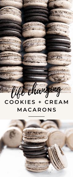 cookies and cream macarons stacked on top of each other with text overlay