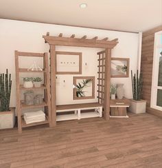 a room with wooden shelves and potted plants