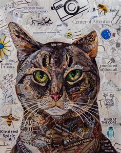 a painting of a cat with green eyes and words all over its body, including the word'center of attention '