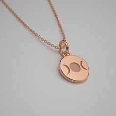 Triple Goddess Tiny Charm Necklace - Solid 14k Rose Gold Neopagan, Pagan Pendant. 10mm Disc. TINY TALISMANS™ Line of Spiritual Jewelry Symbolic 14k Gold Necklace With Moon Charm, 14k Gold Moon Charm Necklace, Spiritual Rose Gold Charm Necklaces With Round Pendant, Celestial Rose Gold Necklace With Moon Phase, Celestial Rose Gold Moon Phase Necklace, Rose Gold Celestial Necklace With Moon Phase, Rose Gold Moon Phase Round Pendant Necklace, Rose Gold Moon Phase Necklace, Spiritual Rose Gold Sterling Silver Charm Necklaces