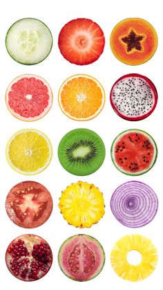 different types of fruit cut in half on a white background, including kiwis, oranges, and watermelon