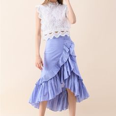 Nwt! Chicwish Applause Of Ruffle Tiered Frill Hem Skirt In Blue Stripes. Size Small. Beautiful Skirt For Summer! Open To Offers *Cross-Posted* Chicwish Skirt, Layered Tulle Skirt, Crochet Lace Top, 50th Wedding, Hem Skirt, Beautiful Skirts, Blue Skirt, Ruffle Skirt, Chiffon Fabric