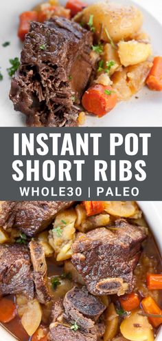 instant pot short ribs with potatoes and carrots in a white bowl