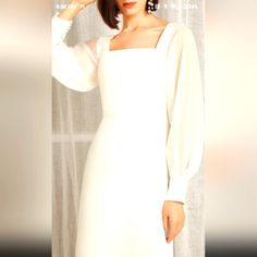 Beautiful White Chiffon Square Neck Dress. Long Sleeve With Multiple Buttons At Closure Of Sleeve. Sophisticated And Sexy At The Same Time. Fitted Long Sleeve Chiffon Dress For Brunch, Elegant Chiffon Dress With Square Neck, Elegant Dress With Sheer Sleeves And Square Neck, Elegant White Chiffon Dress For Brunch, Elegant Sheer Square Neck Dress, White Long Sleeve Chiffon Dress For Brunch, Chic Long Sleeve Chiffon Dress For Wedding, Elegant Long Sleeve Chiffon Dress For Date Night, Chic White Fitted Chiffon Dress