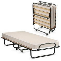 two folding beds with mattresses attached to each other, one is white and the other is beige