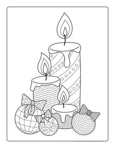 a candle with ornaments around it and the word happy birthday written in black ink on a white background