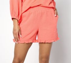 Say hello to shorts season! If leveling up your leg-bearing look is on your list, add these fun ruffle-trim shorts to your collection. The slightly crinkly texture adds even more playfulness -- plus, there's pockets (for the key card to your vacay rental and stashing shells from those beachcoming adventures, of course!). From Belle Beach by Kim Gravel. Summer Ruffle Shorts, Beach Shorts With Ruffles, Ruffled Shorts For Beach, Summer Shorts With Ruffles, Summer Ruffle Pajama Shorts, Summer Ruffled Pajama Shorts, Ruffled Pajama Shorts For Summer, Pink Ruffled Shorts For Loungewear, Beach Bottoms With Ruffle Hem, Short Shape