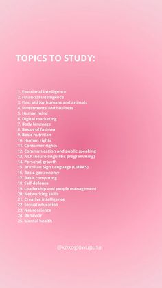 a pink background with the words topics to study in white letters on top of it