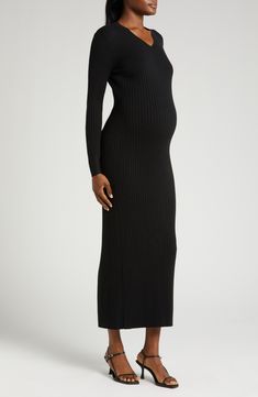 Slip into this cozy sweater-dress for the warm long sleeves and back-access nursing zipper for discreet style. 52" length Back zip closure V-neck Long sleeves Unlined 74% cotton, 26% nylon Hand wash, dry flat Imported Fitted Maternity Dress For Fall, Fall Maternity Dress With Long Sleeves, Long Sleeve Maternity Dress For Fall, Casual Long Sleeve Maternity Dress For Fall, Fall Maternity Long Sleeve Dresses, Fall Long Sleeve Maternity Dress, Fitted Long-sleeve Maternity Dress For Fall, Fitted Winter Maternity Dress, Fitted Long Sleeve Maternity Dress For Fall