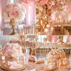 pink and white flowers are in vases on top of the tables at this wedding reception