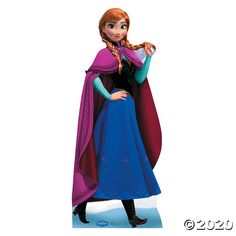 a woman in a blue dress and purple cape standing with her hand on her hip