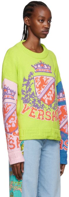 Knit cotton sweater. ·Rib knit crewneck, cuffs, and hem · Intarsia-knit graphic pattern throughout Supplier color: Multicolor Knit Crewneck, Graphic Patterns, Knit Cotton, Cotton Sweater, Rib Knit, Christmas Sweaters, Versace, Knitted Sweaters, Top Brands