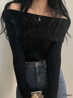 Eromis - Womens Off-Shoulder Pullover Sweater: A Stylish and Versatile Addition to Your Casual Wardrobe Pullover Mode, Long Sleeve Fashion, Custom Made Clothing, Sleeve Fashion, Sleeves Pattern, Ribbed Sweater, Sweater Fashion, Outfits Casuales, Casual Wardrobe