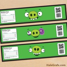 three green labels with angry birds on them