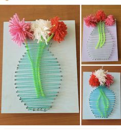 three pictures of flowers in a vase made out of string and paper with scissors on the side