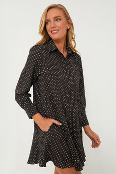 A sophisticated update to the closet staple shirt dress we love, the Espresso Dot Crepe Callahan Shirt Dress perfectly merges classic and trendy. This mini seamlessly combines functional details like invisible side pockets and a button front half placket with a flirty flutter hemline to create a style that encapsulates unfussy femininity. We are pairing this elegant piece with flats or sneakers for a casual look and switching to heels when the occasion calls for it. Classic collar Long sleeves w Fall Button-up Shirt Dress With Placket, Spring V-neck Shirt Dress With Placket, Spring A-line Shirt Dress With Button Closure, Polka Dot Button-up Dress With Buttons, Polka Dot Button-up Spring Dresses, Plus And Minus, Cocktail Attire, The Closet, Weekend Wear