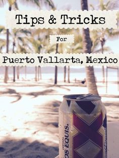 a can of beer sitting on top of a sandy beach next to the ocean with palm trees