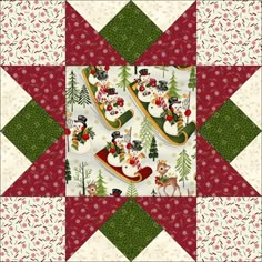 a patchwork quilt with santas sleigh and snowmen on the top