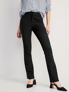 Online exclusive! The Pixie pants you love, now in a more fabulous fit & fabric ✨ Double hook-and-bar closures and zip fly.  Diagonal on-seam pockets at front; decorative welt faux-pockets at back.  Clever Secret-Smooth front pockets hold you in fo Black Straight Bottoms For Workwear, Black Straight Bottoms For Work, Fitted Straight Black Bottoms, Chic Straight Bottoms With Belt Loops, Flare Pants Black, Ny Winter, Black Pixie, Old Navy Boots, Navy Dress Pants