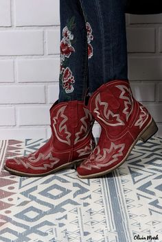 Olivia Mark - Western Style Embroidered Pointed Toe Cowgirl Boots with Distinctive Chestnut Finish Red Casual Boots For Festival, Casual Red Boots For Festival, Embroidered Closed Toe Boots For Fall, Western Embroidered Boots With Round Toe, Western Style Embroidered Boots With Round Toe, Casual Embroidered Snip Toe Boots, Embroidered Red Boots With Round Toe, Red Embroidered Boots With Round Toe, Color Castaño