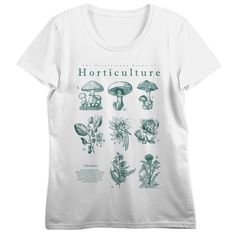 Embark on a botanical journey with this women’s white crew neck short sleeve t-shirt, a celebration of "The Fascinating Study of Horticulture." Immerse yourself in the lush world of nature-inspired design as a grid of mushrooms and other plants captivates onlookers. This custom designed shirt seamlessly blends style with a love for horticulture. Its short sleeve design ensures comfort for everyday wear, making it a versatile addition to your wardrobe. Crafted with high-quality cotton, this shirt Biofilic Design, Plant Graphic, Botanical Shirt, Custom Design Shirts, Shades For Women, Graphic Tshirt Design, White Crew Neck, Nature Inspired Design, Sleeves (women)