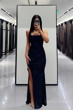 Glitter Sheath/Column Navy Blue Prom Dress with Split Navy Blue Glitter Prom Dress, Promo Dress Prom, Prom Dresses Blue Navy, Navy Blue Glitter Dress, Midnight Blue Prom Dresses, Dark Blue Prom Dresses, Dark Blue Prom Dress, Prom Dress With Split, Black Lace Formal Dress