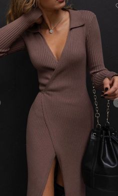 Bey Knit Wrap Dress Knitted Fitted Dress, Knit Formal Dress, Knit Midi Dress Outfit Fall, Wrap Dress 2023, Collared Dress Outfit Casual, Winter Wrap Dress, Mid Dress Formal, Rib Knit Dress Outfits, Winter Elegant Dress