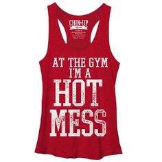 Messy? Maybe sometimes. But mostly you're just hot when you rock the Chin Up Hot Mess Heather Red Racerback Tank Top. This soft and breathable red tank top reads "At the gym I'm a Hot Mess" making it the perfect shirt for gym lovers. Red Cotton Tank Top With Letter Print, Workout Tank Top With Letter Print, Red Cotton Gym Tank Top, Red Fitted Graphic Print Tank Top, Red Graphic Print Tank Top, Fitted Red Graphic Print Tank Top, Red Cotton Tank Top For Gym, Red Fitted Sports Tank Top, Red Cotton Racerback Tank Top