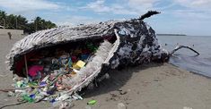 a boat made out of plastic bottles on the beach