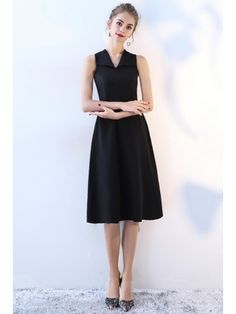 Simple Black V-neck Party Dress Knee Length Cheap Elegant A-line Sleeveless Dress, Affordable Feminine Knee-length Dresses, Luxury Sleeveless Knee-length Office Dress, Luxury Fitted Knee-length V-neck Dress, Luxury Knee-length Sleeveless Dress For Casual Wear, Luxury Knee-length V-neck Evening Dress, Black Dresses Knee Length Casual, Affordable Knee-length Midi Dress For Office, Knee Length Formal Black Dress