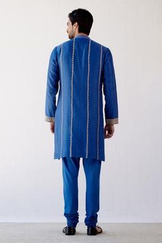 Shop for Devnaagri Blue Chanderi Dori Embrioidered Kurta Set for Men Online at Aza Fashions Cotton Churidar, Dori Embroidery, Dori Work, Kurta Set For Men, Churidar, Kurta Set, Full Sleeves, Mandarin Collar, Aza Fashion