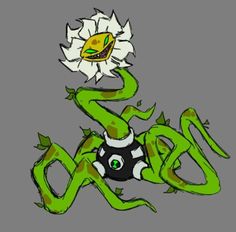 an image of a green snake with a flower on its head and another creature in the background