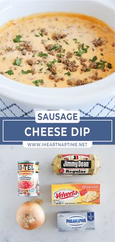 sausage cheese dip in a white bowl with ingredients to make it and the recipe below