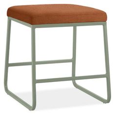 an orange stool with metal frame and seat cushion on the back, in front of a white background