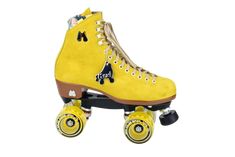 a yellow roller skate with black wheels on a white background