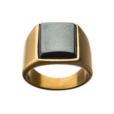 Crafted from yellow ion-plated stainless steel, this men's signet ring offers a sophisticated mix of classic and contemporary styling. Crafted from yellow ion-plated stainless steel, this men's signet ring offers a sophisticated mix of classic and contemporary styling. Width: 42 mm Metal: stainless steel Plating: yellow ion plated Finish: matte, polished, matte Additional details: polished hematite center stone Packaging: boxed Please note, due to the high value of this item, a signature may be Stone Packaging, Mens Wedding Ring, Signet Ring Men, Monster Mash, Stainless Steel Polish, Men's Jewelry Rings, Mens Gold, Jewelry Packaging, Mens Wedding Bands