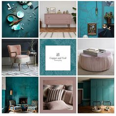 a collage of teal and pink furniture in various photos with the words copper and teal on them