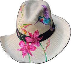 Artistic Hand Painted Adjustable Straw Hat, Artistic Multicolor Sun Hat For The Beach, Artistic Multicolor Sun Hat For Beach, Artistic Hand Painted Wide Brim Sun Hat, Hand Painted Sun Hat For Spring Vacation, Artistic Hand Painted Panama Hat, Artistic Hand Painted Brimmed Panama Hat, Artistic Hand Painted Panama Hat With Curved Brim, Adjustable Wide Brim Sun Hat Hand Painted